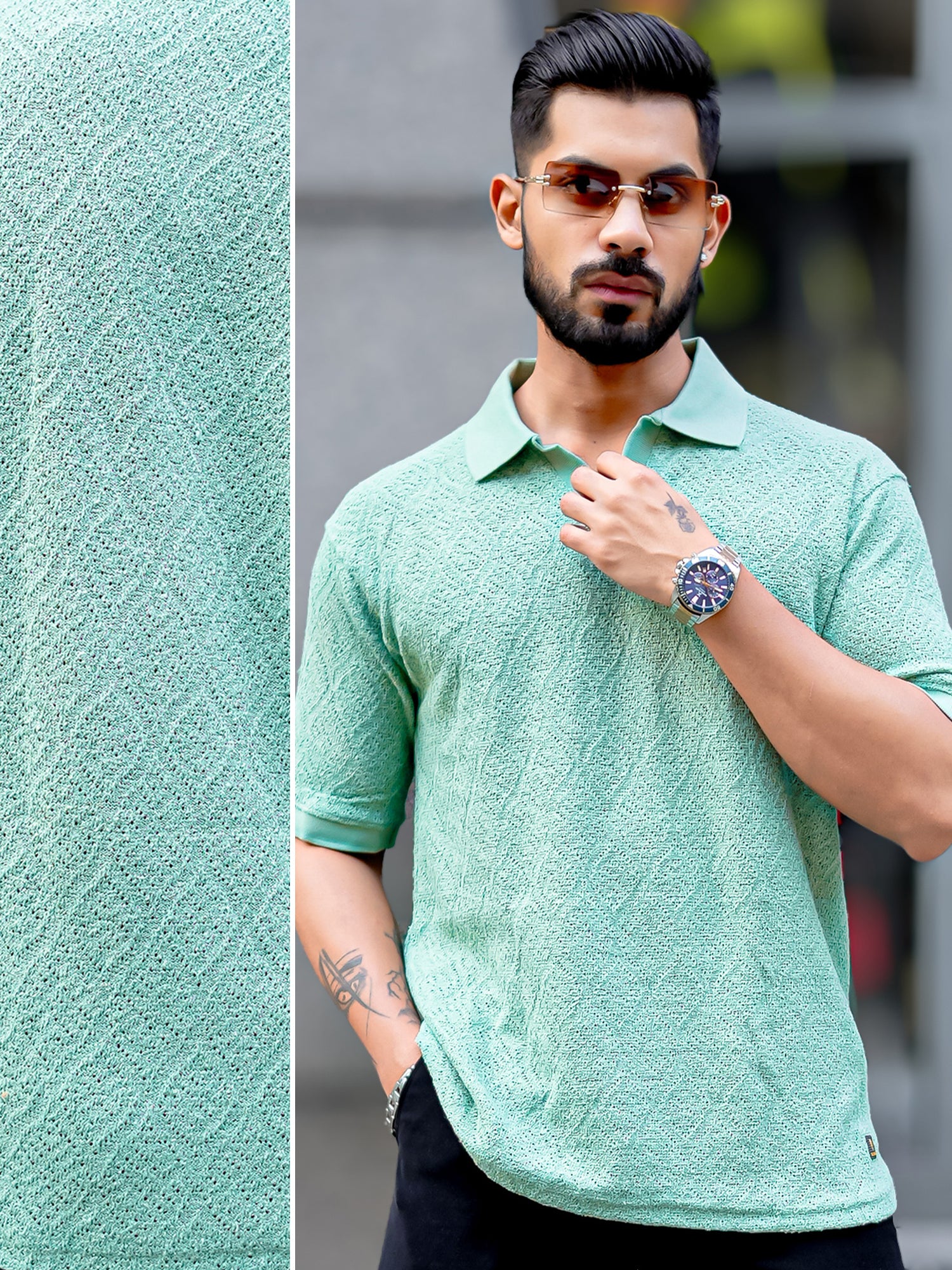 Croshia Knit Berly Green Polo T-Shirt