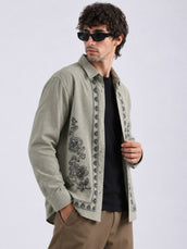 Mystic Bloom Spray Green Embroidery Full Sleeve Shacket