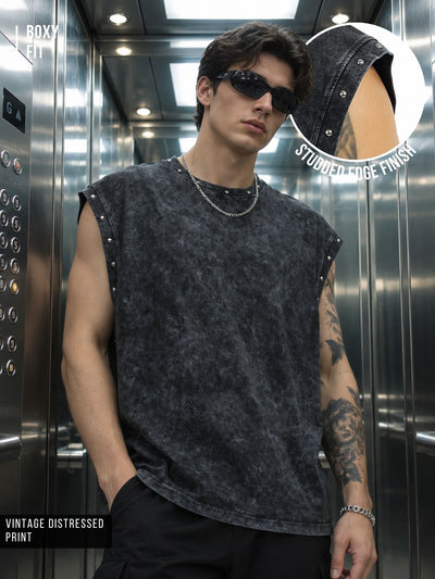 Washed Stud Black Sleeveless T-Shirt