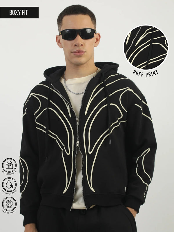 Dual Zip Puff Print Black Boxy Hoodie Sweatshirt