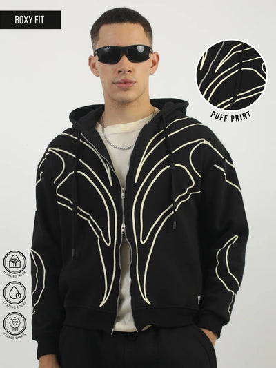 Puff Print Black Boxy Hoodie Sweatshirt