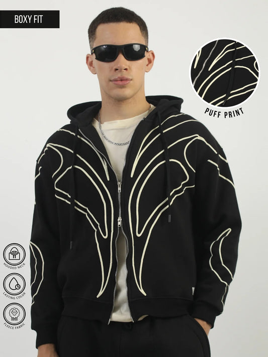 Dual Zip Puff Print Black Boxy Hoodie Sweatshirt