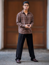 Embroidery Checks Brown Full Sleeve Shirt