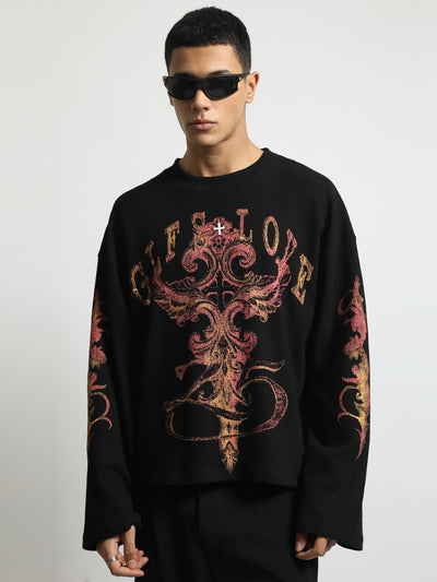 Black Glfslove Print Full Sleeve Waffle T-Shirt
