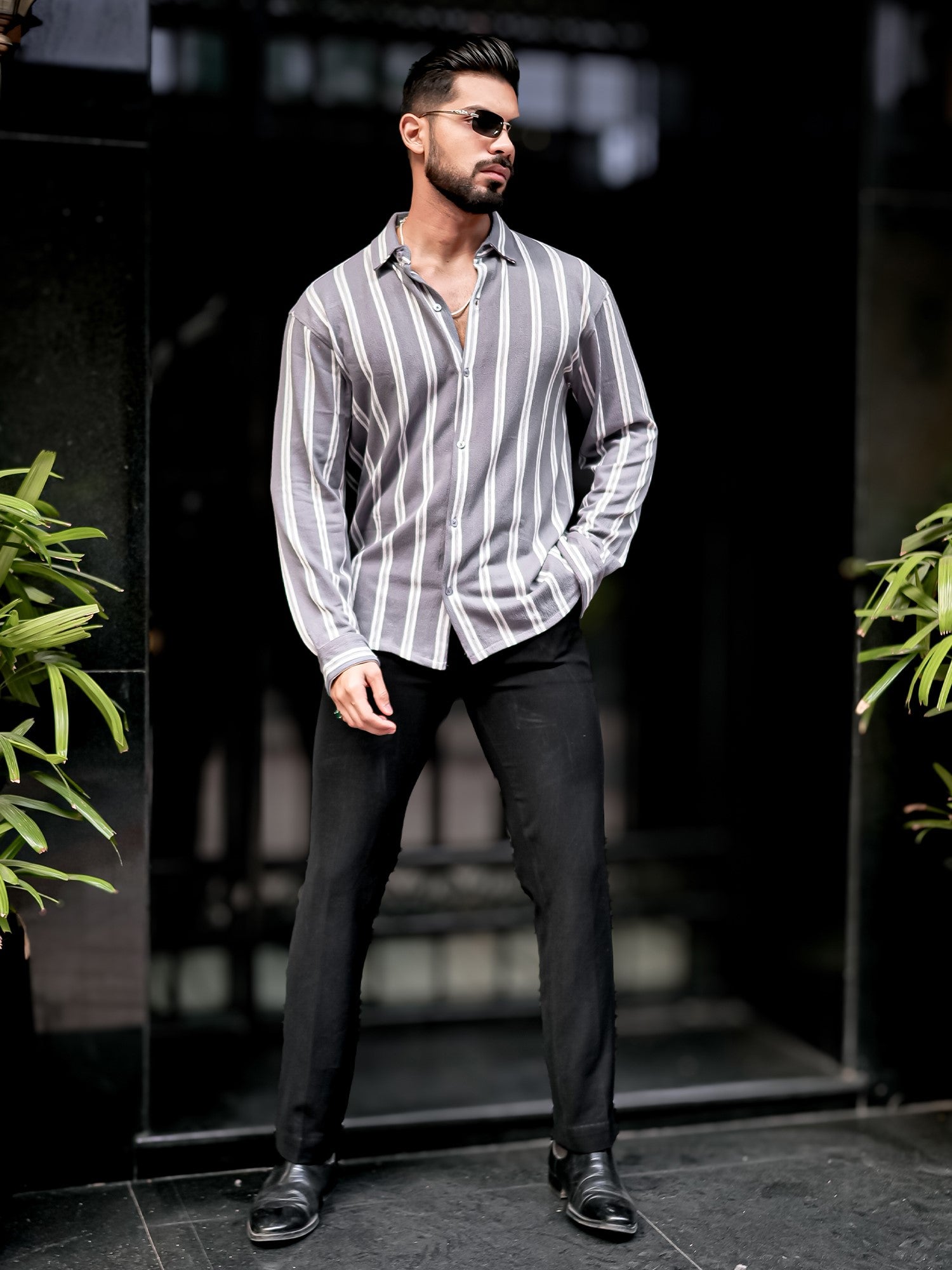 Terry Vertical Stripes Grey Shirt