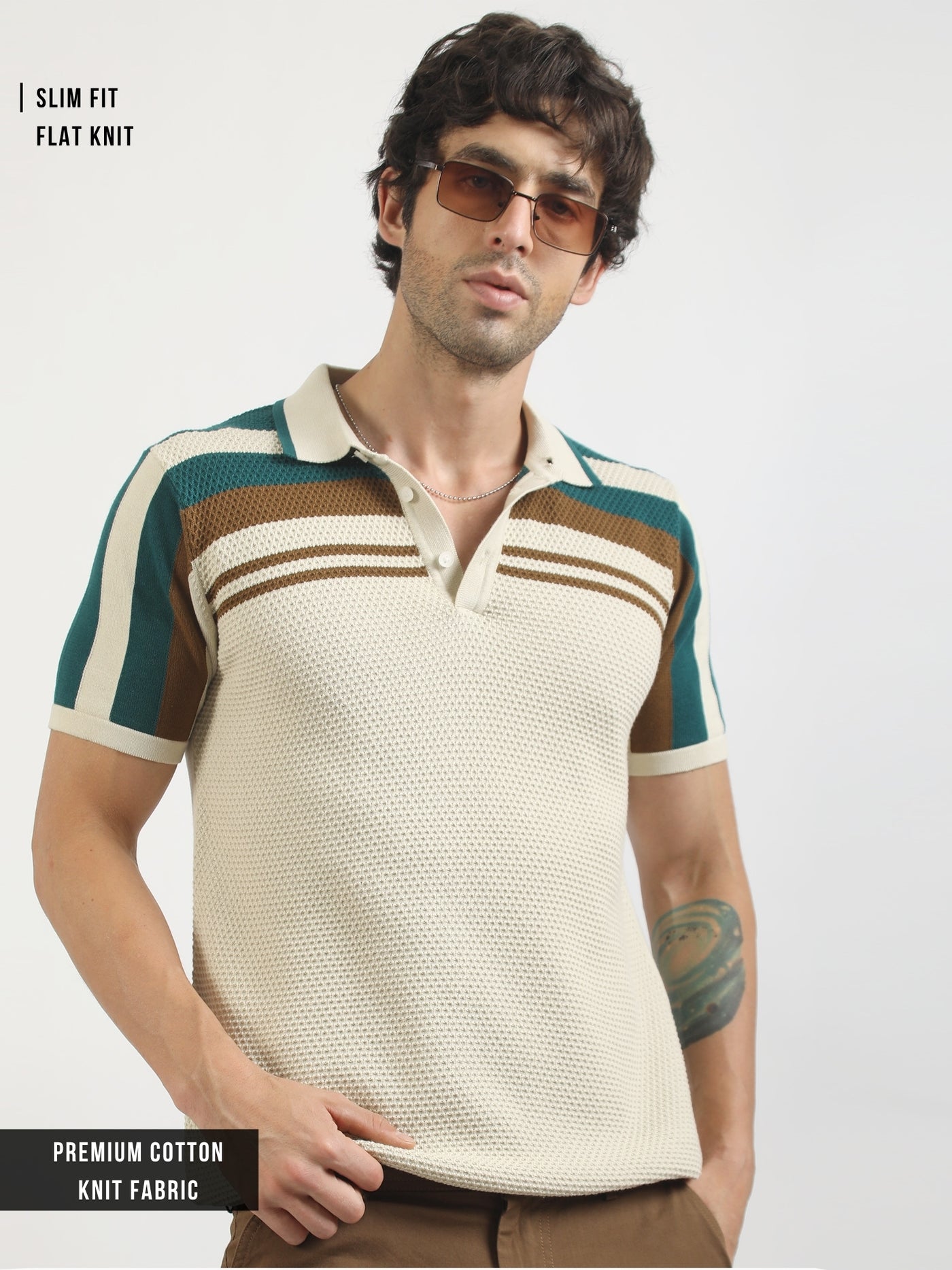 Cream Espresso Panel Flat-Knit Half Sleeve Polo T-Shirt