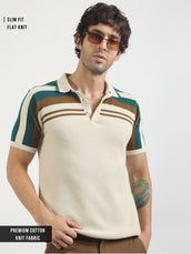 Cream Espresso Panel Flat-Knit Half Sleeve Polo T-Shirt
