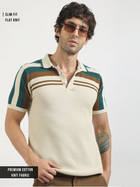 Cream Espresso Panel Flat-Knit Half Sleeve Polo T-Shirt