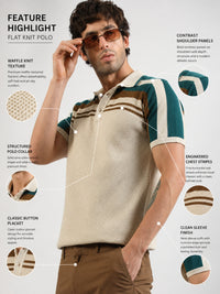 Cream Espresso Panel Flat-Knit Half Sleeve Polo T-Shirt