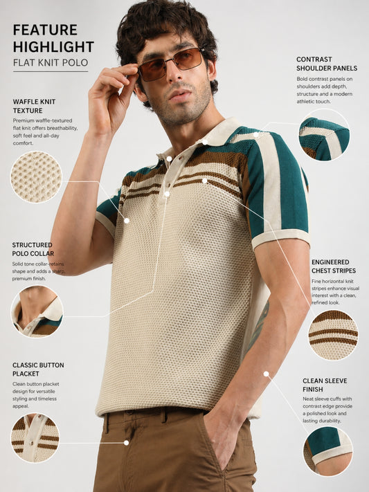 Cream Espresso Panel Flat-Knit Half Sleeve Polo T-Shirt