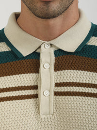 Cream Espresso Panel Flat-Knit Half Sleeve Polo T-Shirt