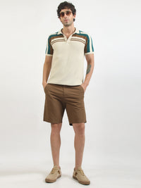 Cream Espresso Panel Flat-Knit Half Sleeve Polo T-Shirt