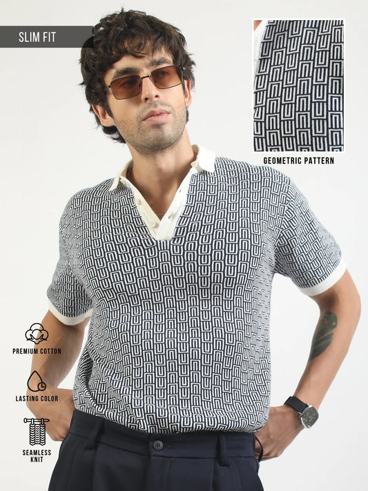 Maze Jacquard Flat-Knit Polo T-Shirt – Cream & Dark Navy