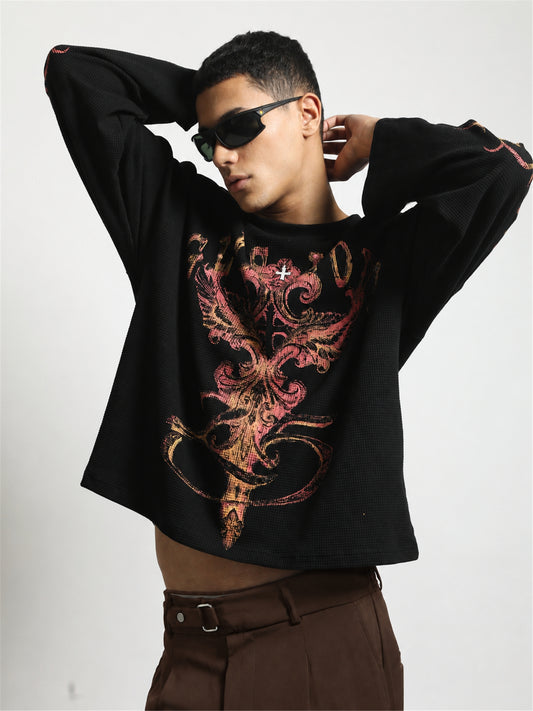 Black Glfslove Print Full Sleeve Waffle T-Shirt