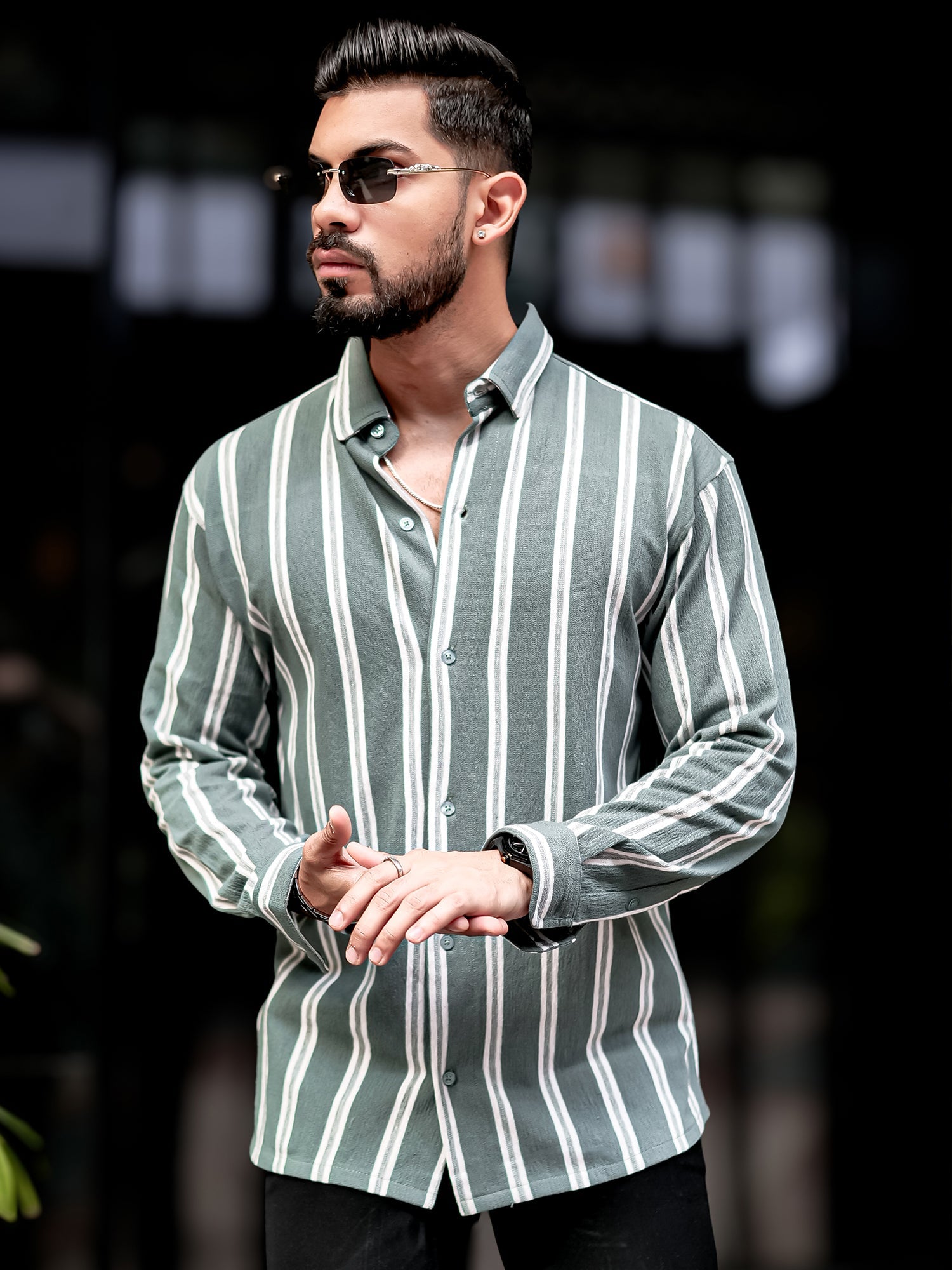 Terry Vertical Stripes Green Shirt