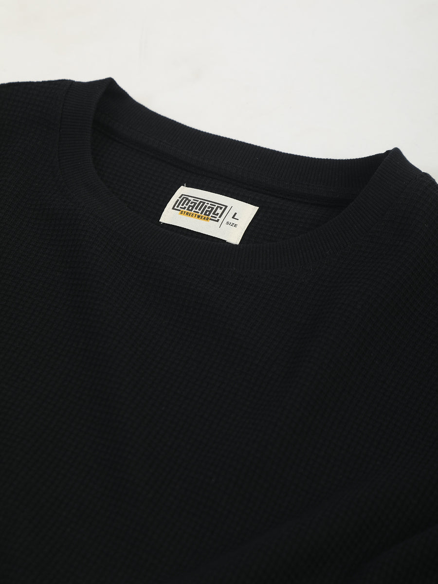 Black Raw Edges Full Sleeve Waffle T-Shirt