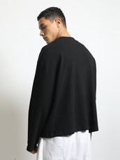 Black Waffle Sleeve Print Full Sleeve T-Shirt