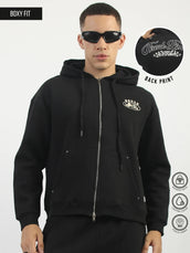 Dual Zip Graphic Print Black Boxy Hoodie Sweatshirt