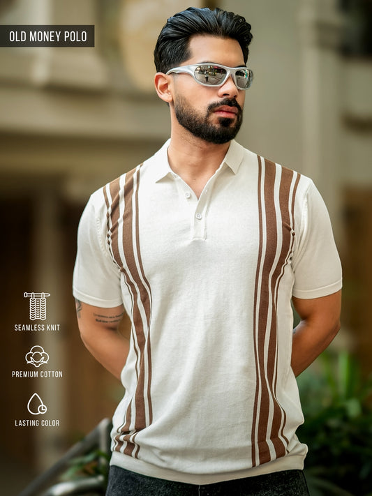Vertical Stripe White Flatknit Polo T-Shirt