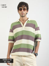 Cream Hawaii Stripes Flat-Knit Half Sleeve Polo T-Shirt