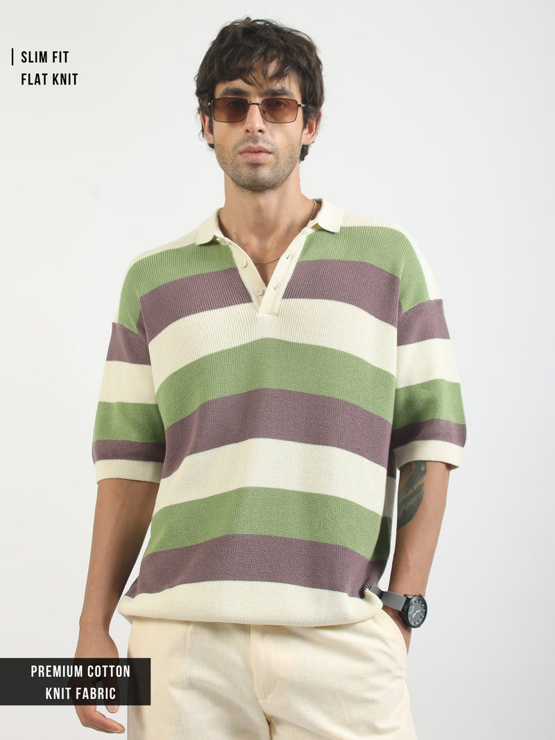 Cream Hawaii Stripes Flat-Knit Half Sleeve Polo T-Shirt