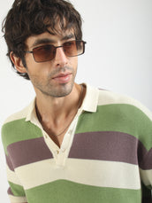 Cream Hawaii Stripes Flat-Knit Half Sleeve Polo T-Shirt