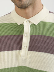 Cream Hawaii Stripes Flat-Knit Half Sleeve Polo T-Shirt