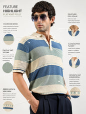 Monaco Stripe Flat-Knit Half Sleeve Polo T-Shirt – Cream & Denim Blue