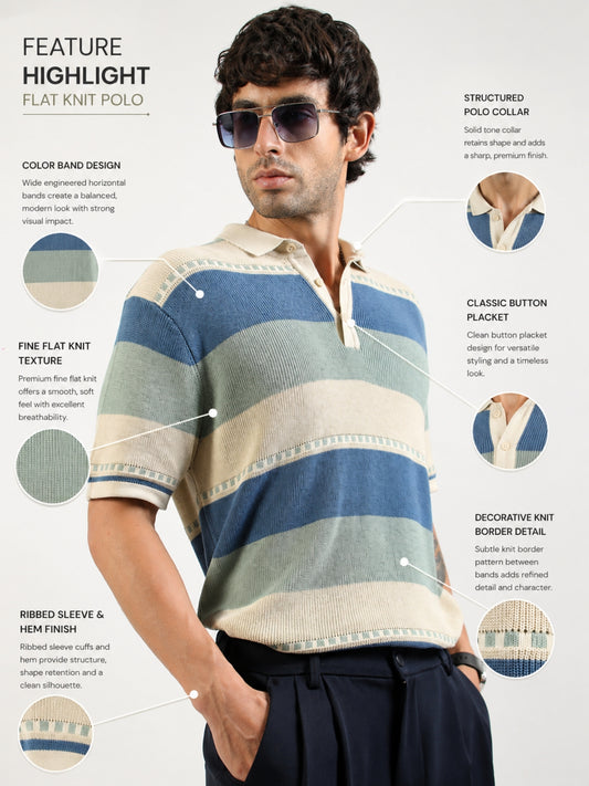 Monaco Stripe Flat-Knit Half Sleeve Polo T-Shirt – Cream & Denim Blue