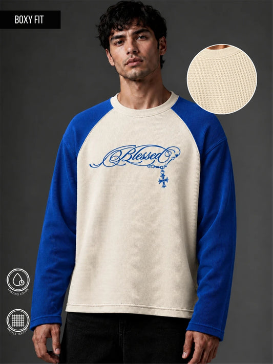 Blessed Cream and Royal Blue Waffle Full Sleeve T-Shirt
