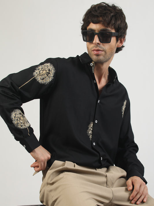 Blowball Flower Embroidery Black Full Sleeve Shirt