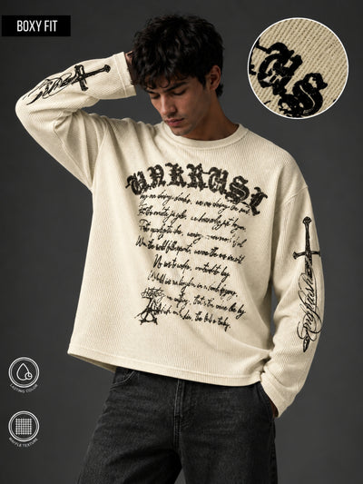 Wordings Cream Waffle Full Sleeve T-Shirt