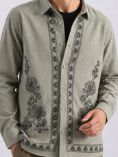 Mystic Bloom Spray Green Embroidery Full Sleeve Shacket