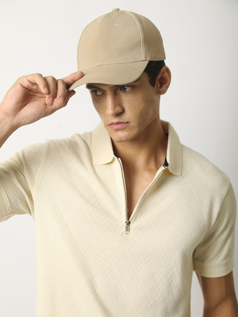 Marble Grid Cream Half Sleeve Polo T-Shirt