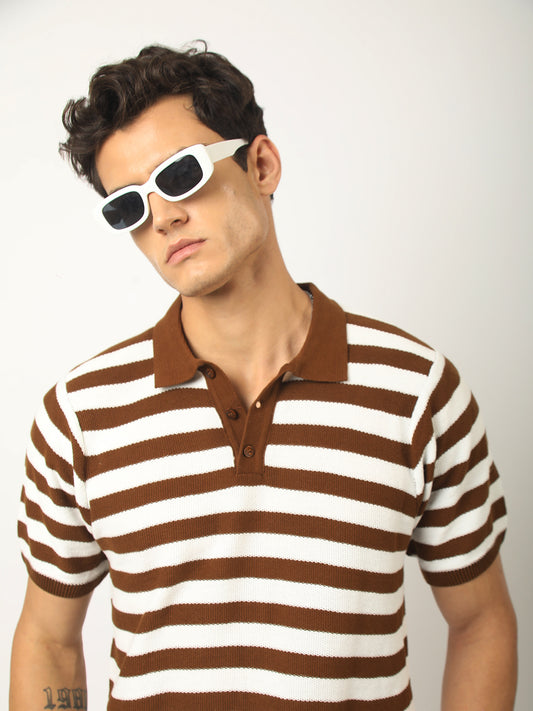 Retro Stripe Brown Half Sleeve Polo T-Shirt