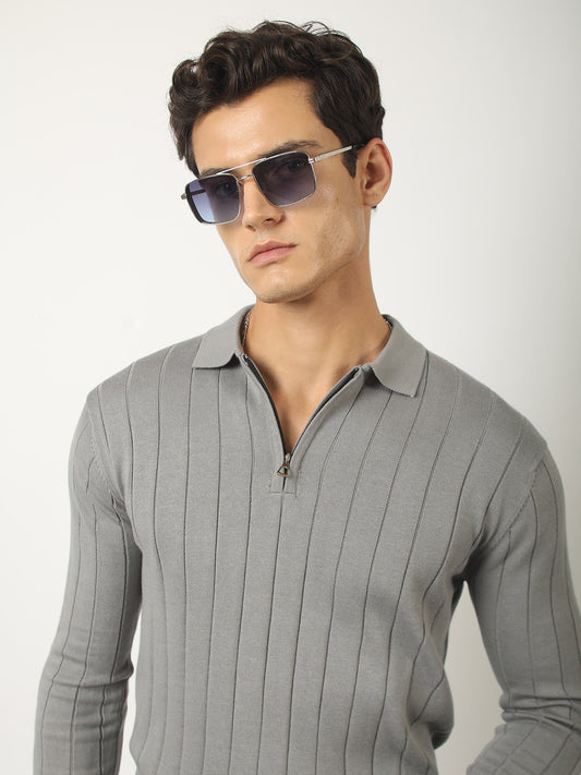 Brooklyn FlatKnit Steel Grey Full Sleeve Polo T-Shirt