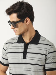 Neutral Stripe Grey, Black Half Sleeve Polo T-Shirt