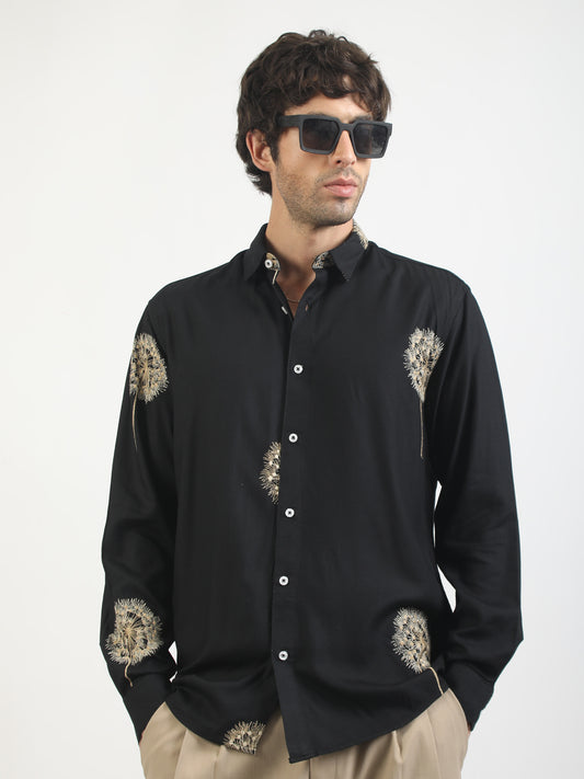 Blowball Flower Embroidery Black Full Sleeve Shirt