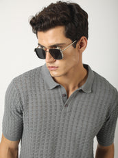 Cable Flatknit Dark Grey Half Sleeve Polo T-Shirt