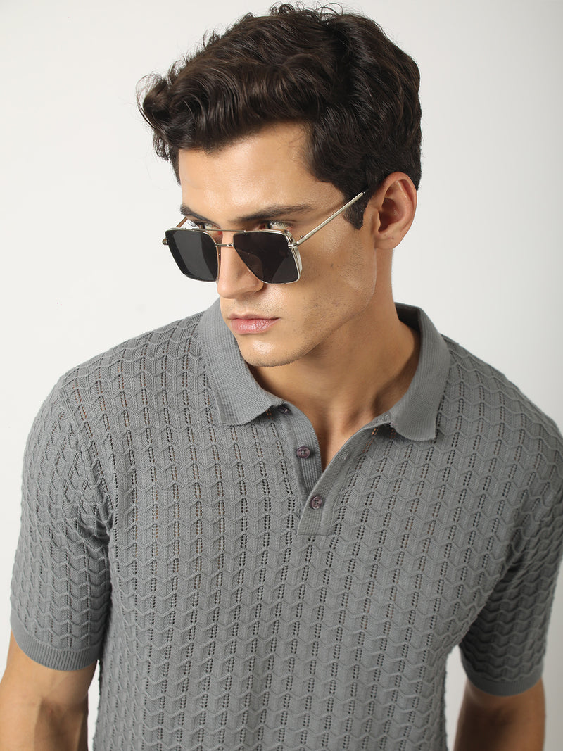Cable Flatknit Dark Grey Half Sleeve Polo T-Shirt