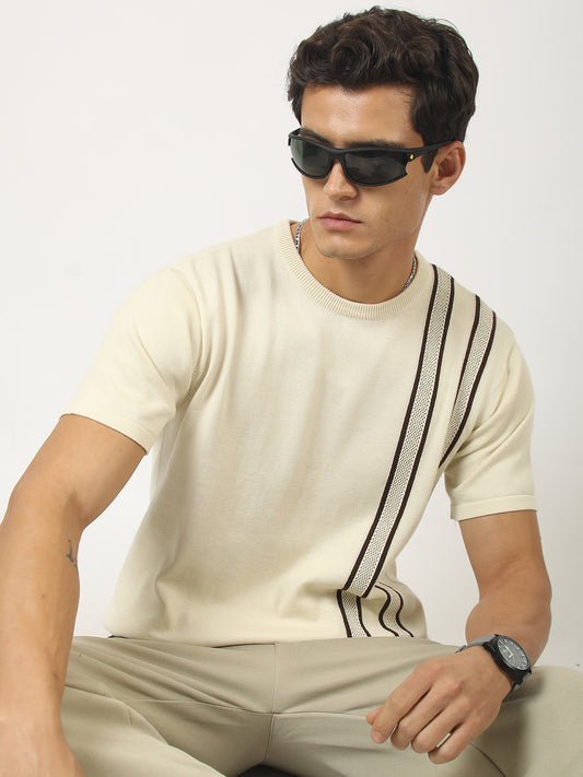Cream Toronto Line Flat-Knit Half Sleeve Polo T-Shirt