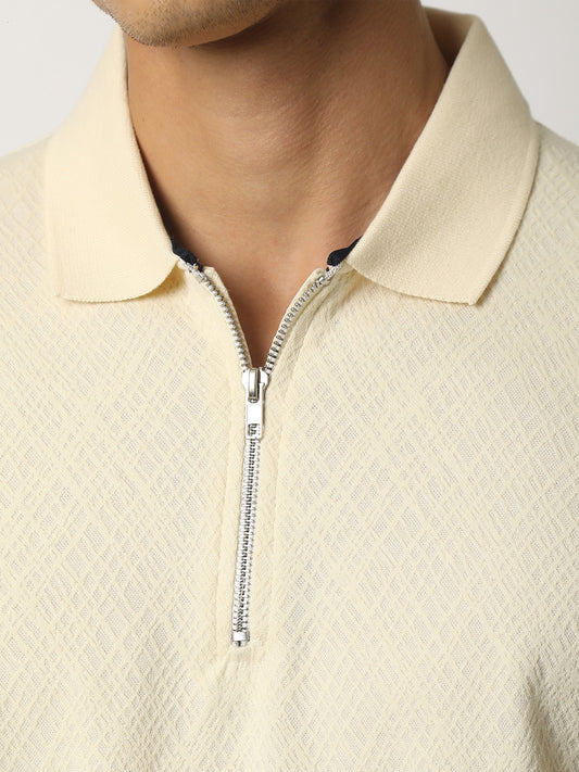 Marble Grid Cream Half Sleeve Polo T-Shirt