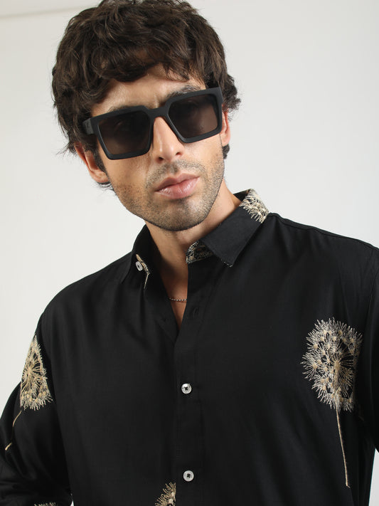 Blowball Flower Embroidery Black Full Sleeve Shirt