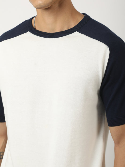 Flat Knit Raglan White Navy Half Sleeve T-Shirt