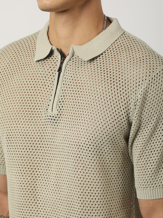 Resort Beige Flatknit Half Sleeve Polo T-Shirt