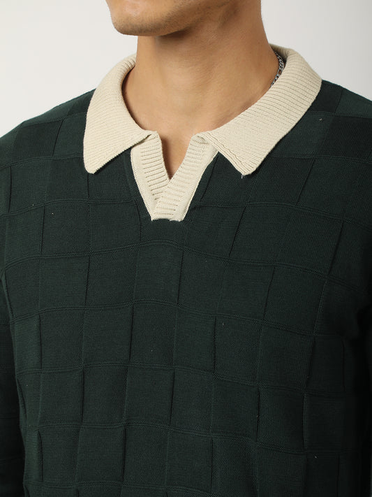 Cubic Knit Dark Green Full Sleeve Polo T-Shirt