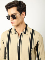 Cord Stripe Beige Full Sleeve Polo T-Shirt