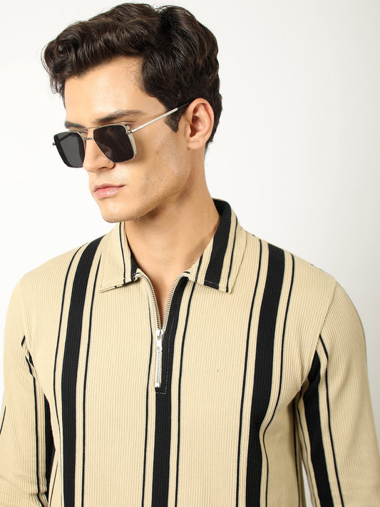 Cord Stripe Beige Full Sleeve Polo T-Shirt
