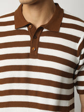Retro Stripe Brown Half Sleeve Polo T-Shirt
