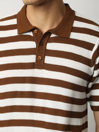 Retro Stripe Brown Half Sleeve Polo T-Shirt